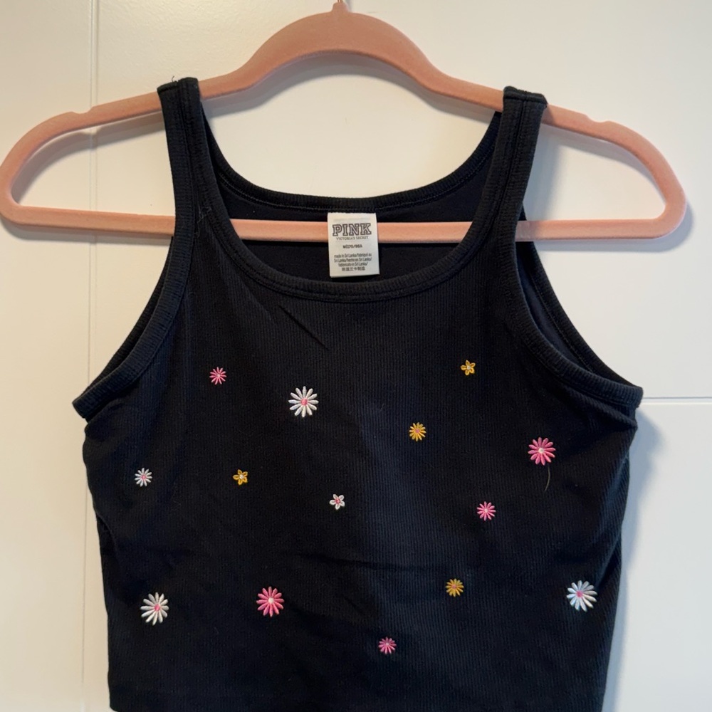 PINK brand Black Tank Top with Floral Embroidery